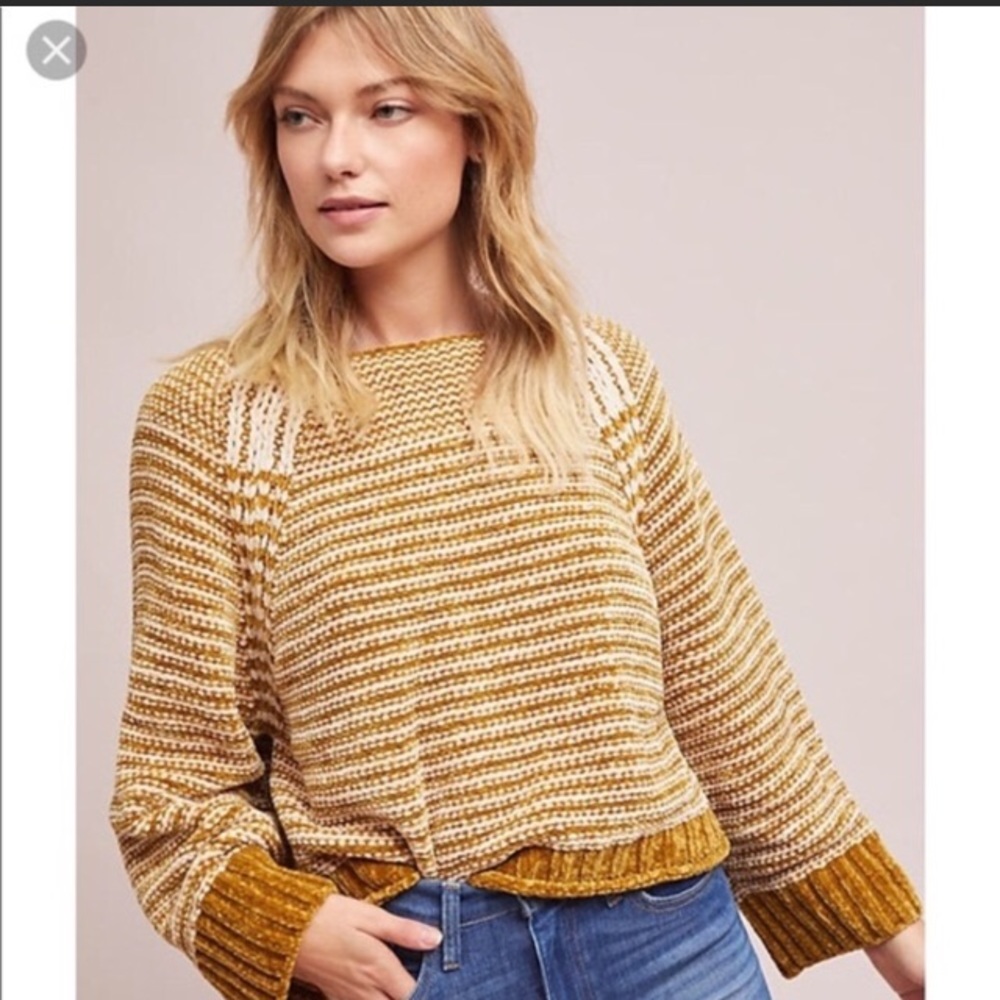 Anthropologie Moth Gold Striped Chenille Sweater S